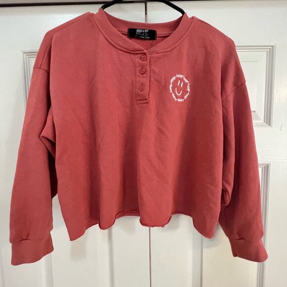 Jolie and Joy Crew Crew Neck Smiley Face Happy Sweatshirt Coral color - Picture 1 of 6